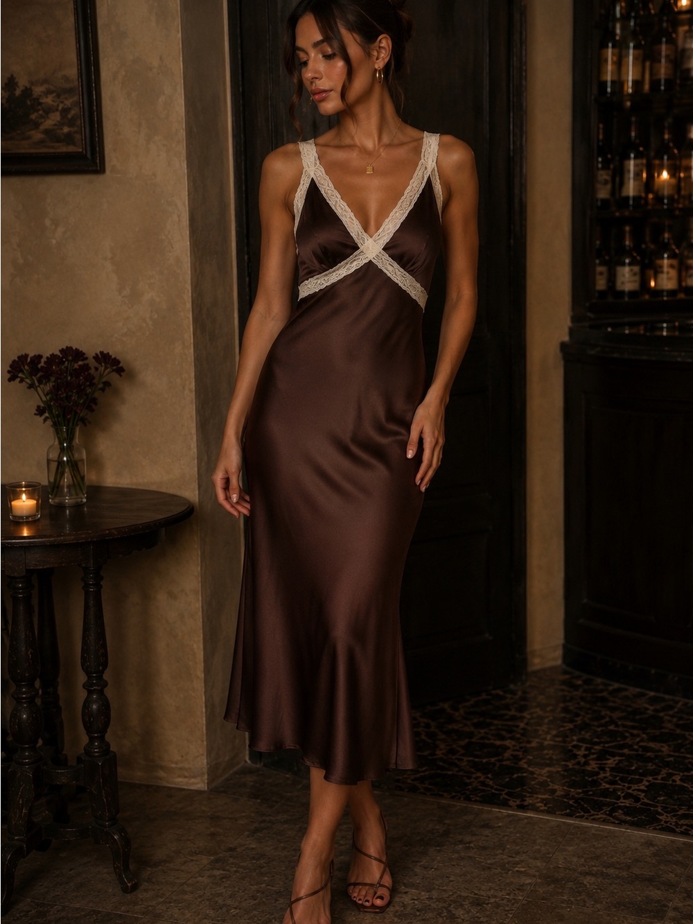 House of Harlow 1960 Chocolate Brown Satin Lace Midi Slip Dress NWT Size S